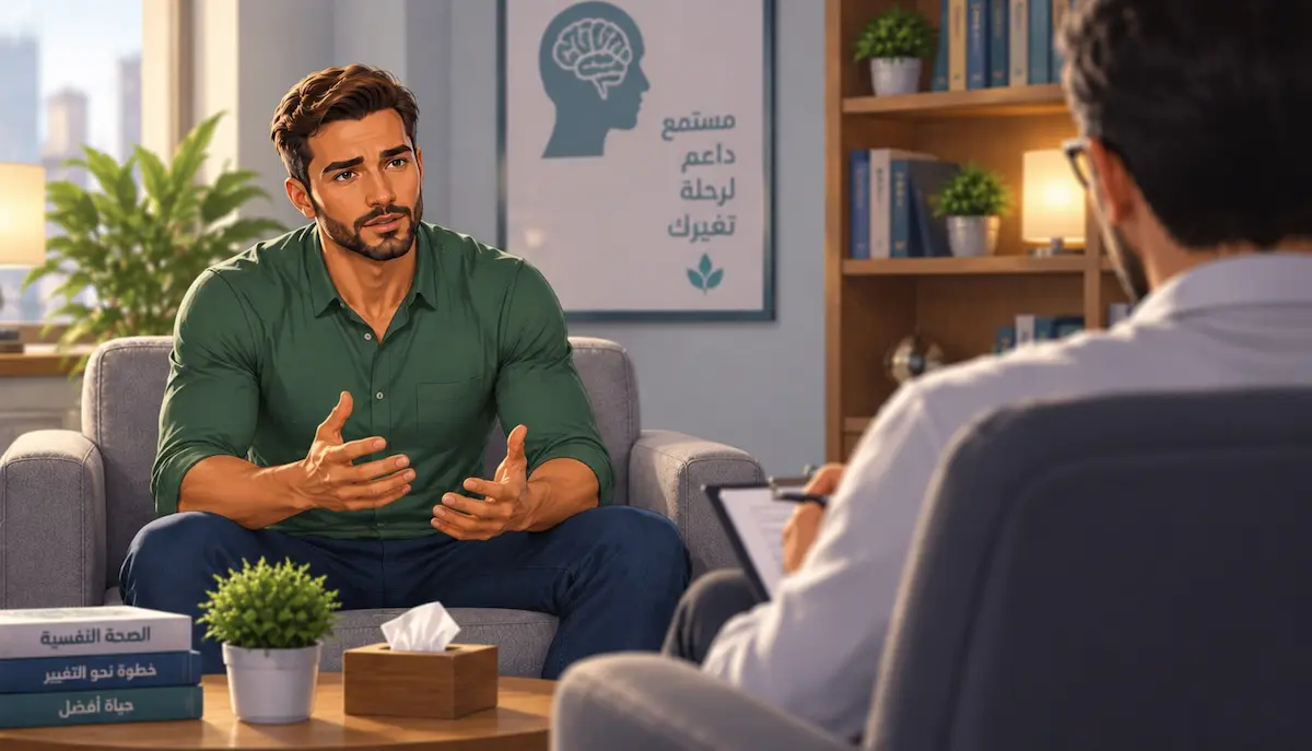 رسم توضيحي لشاب يجلس ويتناقش مع طبيب أو معالج جنسي في عيادة لمناقشة مقال العلاج النفسي الجنسي عند الرجل وكيف يساعد.