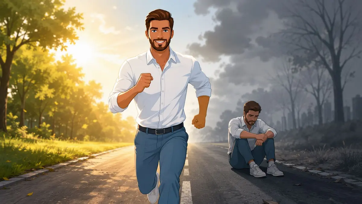 رسم توضيحي يظهر الشاب وهو يستعيد نشاطه وسعادته متجاوزاً حالة الاكتئاب، لمناقشة خطوات تحسين الأداء الجنسي واستعادة الرغبة عند الرجال.