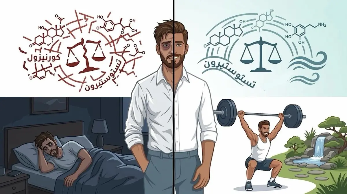 رسم توضيحي مقسوم لنصفين يظهر الشاب في حالتي الإحباط والسعادة، لمناقشة طرق خفض الكورتيزول طبيعياً ورفع التستوستيرون لتحسين الأداء الجنسي.