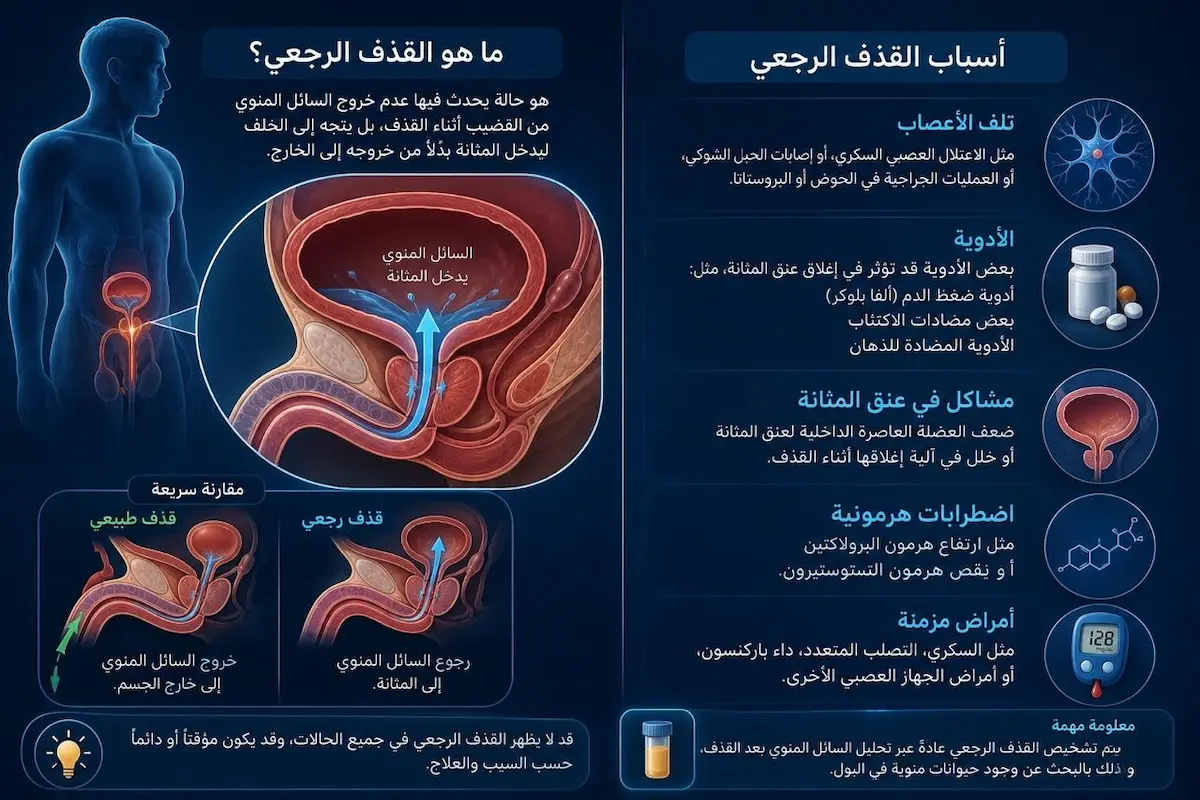 إنفوجرافيك طبي بصري يوضح الشرح والمفهوم والأسباب الفسيولوجية والدوائية لحدوث القذف الرجعي لدى الرجال.