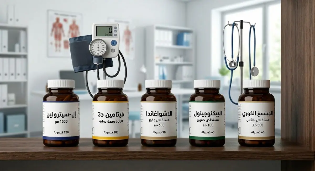مجموعة من المكملات الغذائية بجانب جهاز قياس ضغط الدم، لمناقشة الخيارات الآمنة والمحذورة لتحسين الأداء الجنسي لمرضى الضغط.