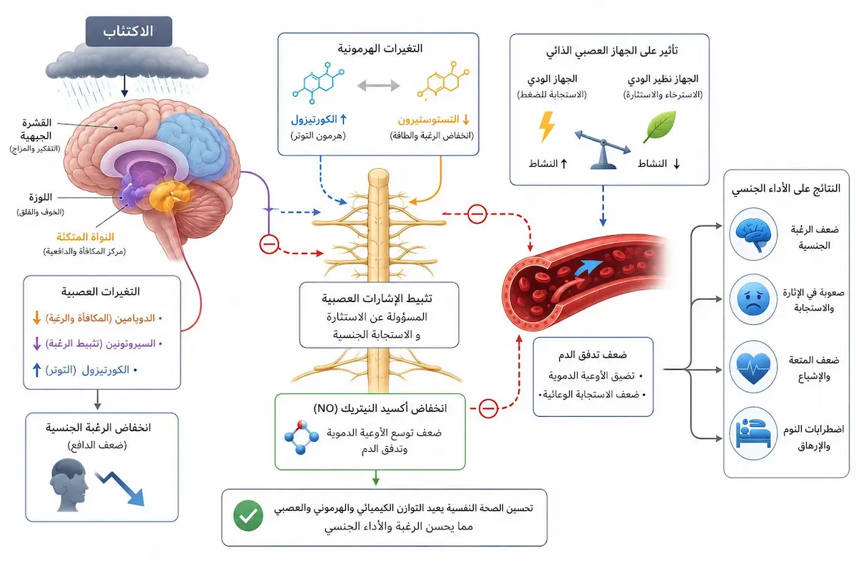 بيولوجيا الاكتئاب والجنس - أطلس الرجل الصحي إنفوجرافيك طبي يشرح كيف تؤدي التغيرات الكيميائية في الدماغ أثناء الاكتئاب إلى ضعف الرغبة وعجز الانتصاب.