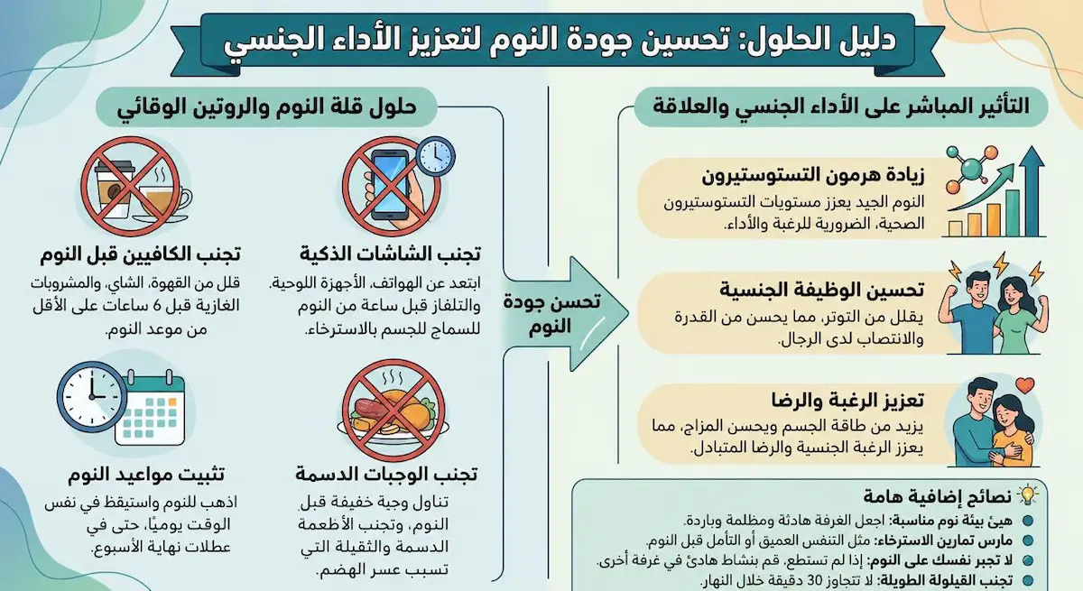إنفوجرافيك يستعرض أفضل العادات الليلية التي تضمن الوصول لمرحلة النوم العميق الضرورية لرفع كفاءة الأداء الجنسي.