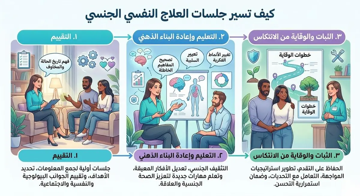 إنفوجرافيك تعليمي يوضح خطوات ومراحل العلاج النفسي الجنسي للرجال وكيفية تفكيك قلق الأداء سلوكياً.
