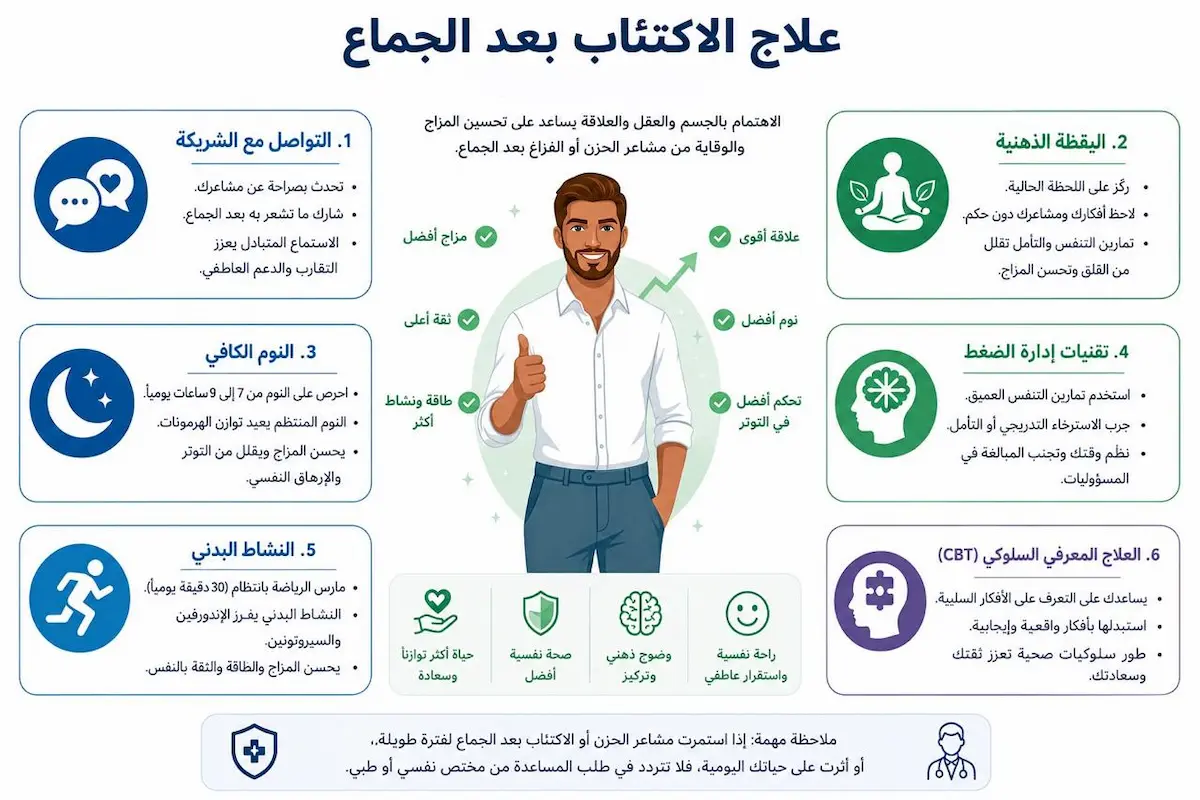 إنفوجرافيك تعليمي يلخص أبرز الخطوات والتقنيات النفسية والسلوكية لعلاج اكتئاب ما بعد الجماع عند الرجال.