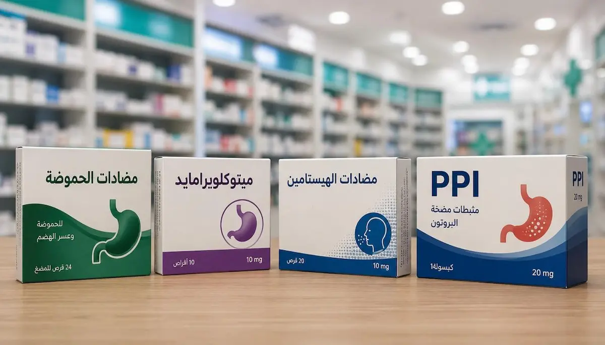 مجموعة علب لأدوية المعدة والحموضة الشائعة مرتبة لمناقشة تأثيرها العلمي على الأداء الجنسي وهرمونات الرجل.