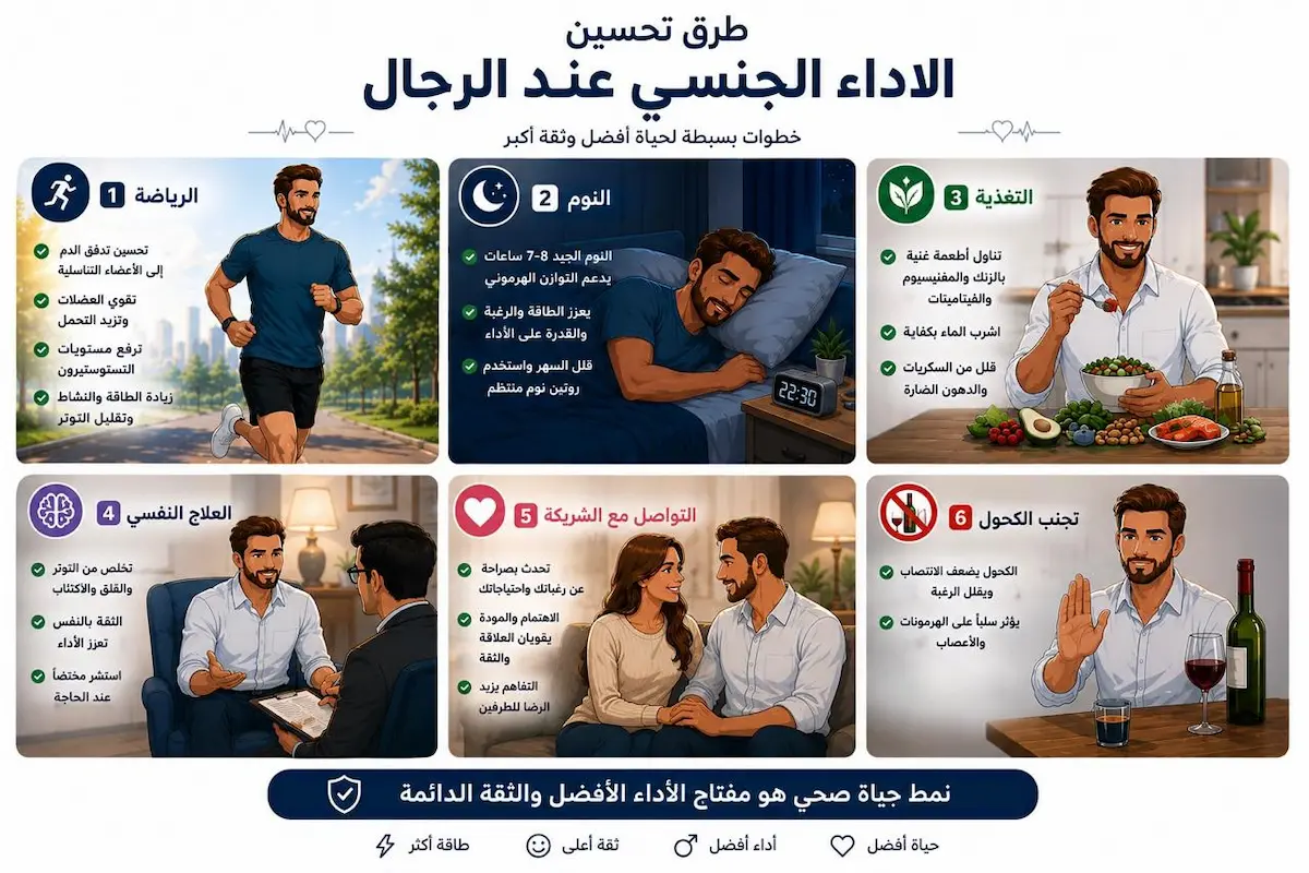 إنفوجرافيك تعليمي يلخص أبرز الطرق والخطوات العملية لتحسين الأداء الجنسي والانتصاب للرجال المصابين بالاكتئاب.