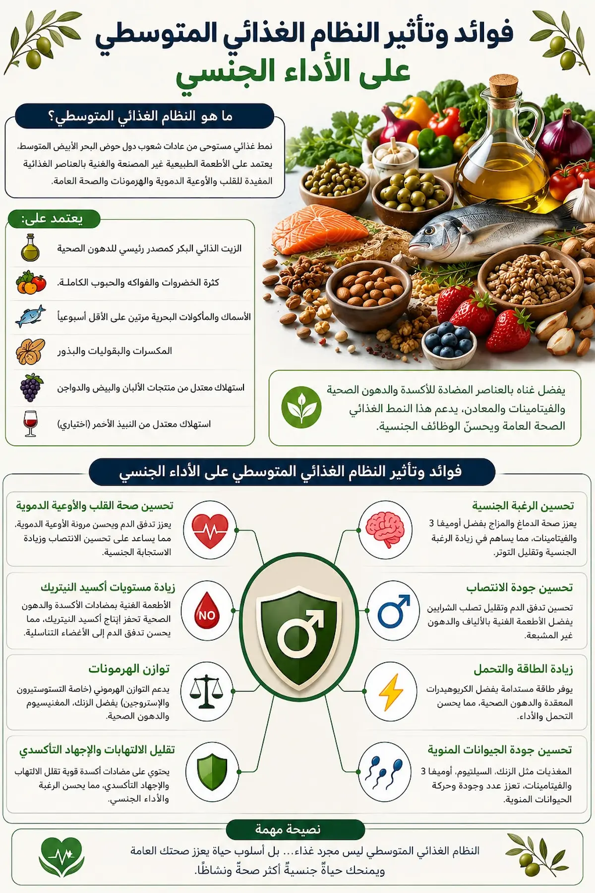 ملخص نظام المتوسط الغذائي - أطلس الرجل الصحي. ملخص بصري لمكونات النظام الغذائي المتوسطي وفوائده الرئيسية في تحسين جودة الحياة والصحة الجنسية للرجال.