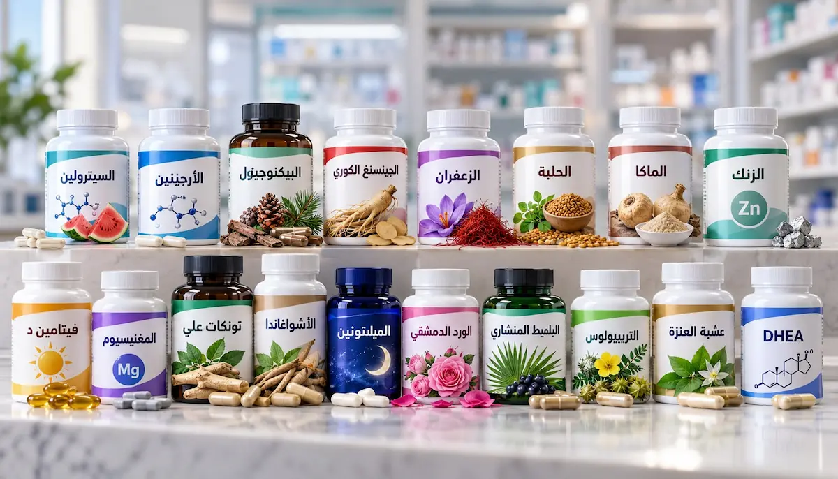 رسم توضيحي يضم 18 نوعاً من المكملات الغذائية والأعشاب المستخدمة لتحسين الأداء الجنسي عند الرجال لمناقشة الدليل العلمي الشامل لمدى فعاليتها.