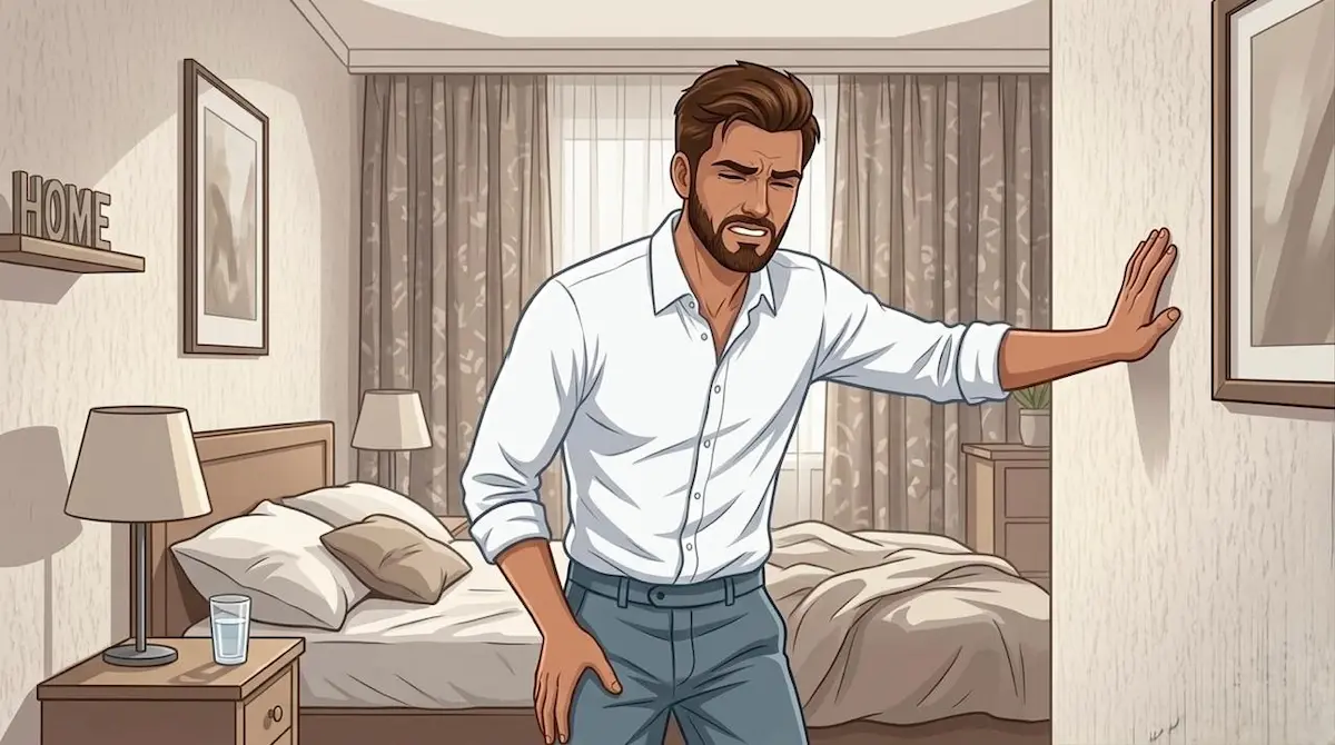 رسم توضيحي يظهر الشاب وهو يمسك بقدمه ويعاني من ألم منعكس، لمناقشة أسباب ألم الخصيتين عند الرجل وتأثيره على الأداء الجنسي.