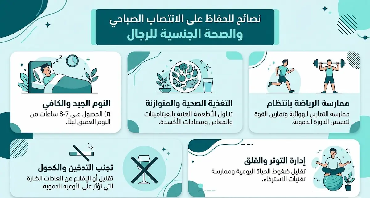 إنفوجرافيك يقدم مجموعة من النصائح الطبية والحياتية للحفاظ على استمرارية الانتصاب الصباحي كدليل على القوة الجنسية.