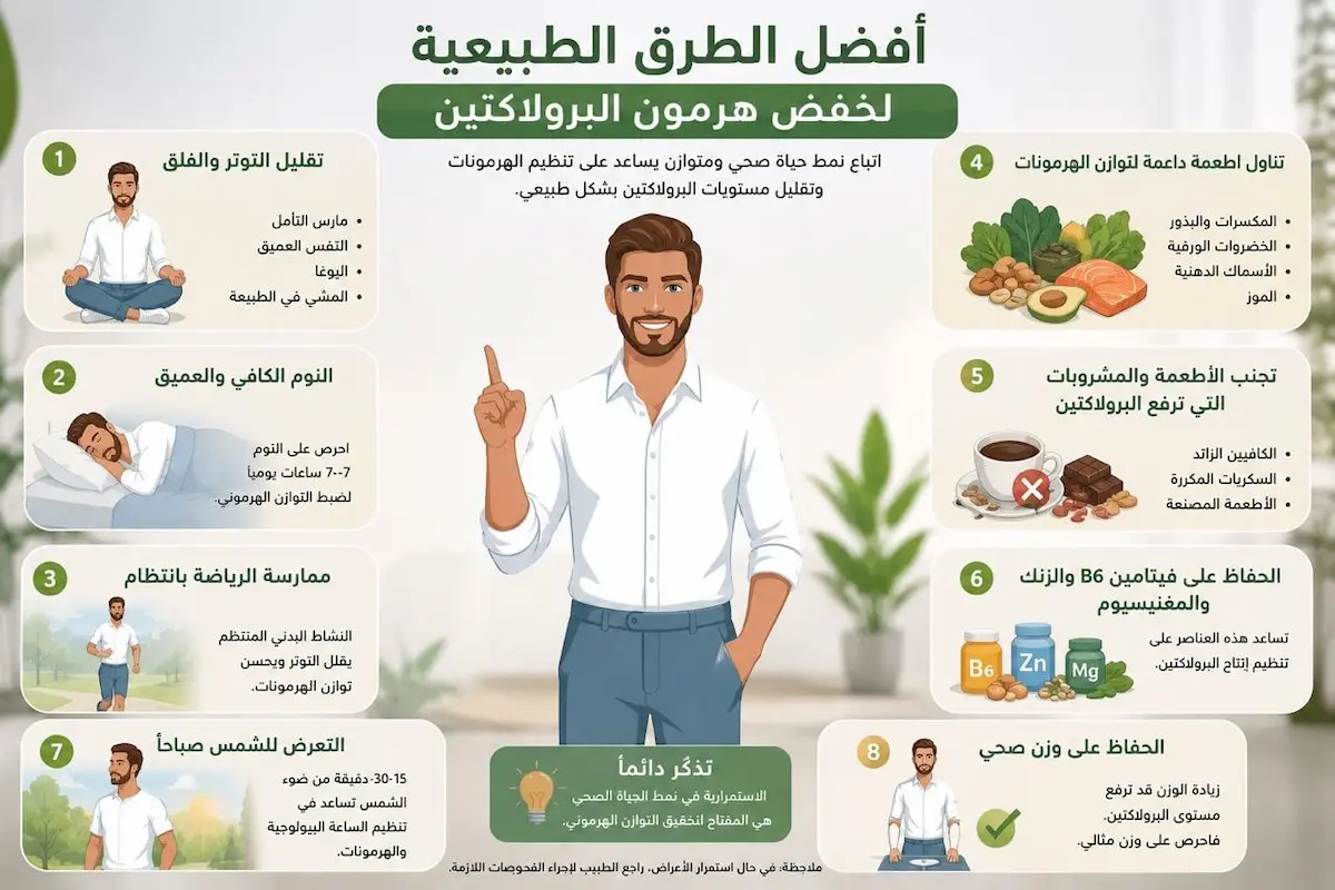 إنفوجرافيك تعليمي يستعرض العادات اليومية وتقنيات تقليل الإجهاد التي تساعد في خفض هرمون البرولاكتين عند الرجال بشكل طبيعي.