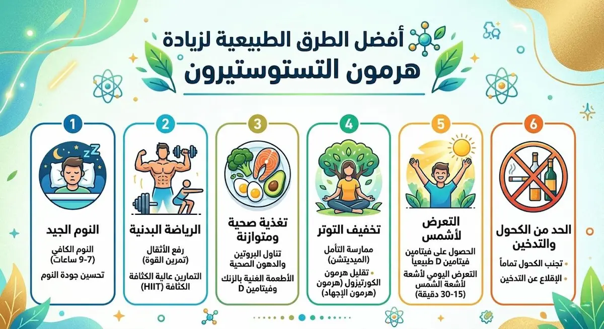 إنفوجرافيك يلخص أهم الطرق الطبيعية المثبتة علمياً لزيادة مستويات هرمون التستوستيرون عند الرجال.