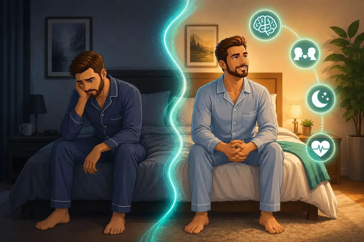 رسم توضيحي منقسم يظهر حالتين للشاب بين السعادة والإحباط، لمناقشة خطوات علاج اكتئاب ما بعد الجماع وتحسين الحالة النفسية للرجل.