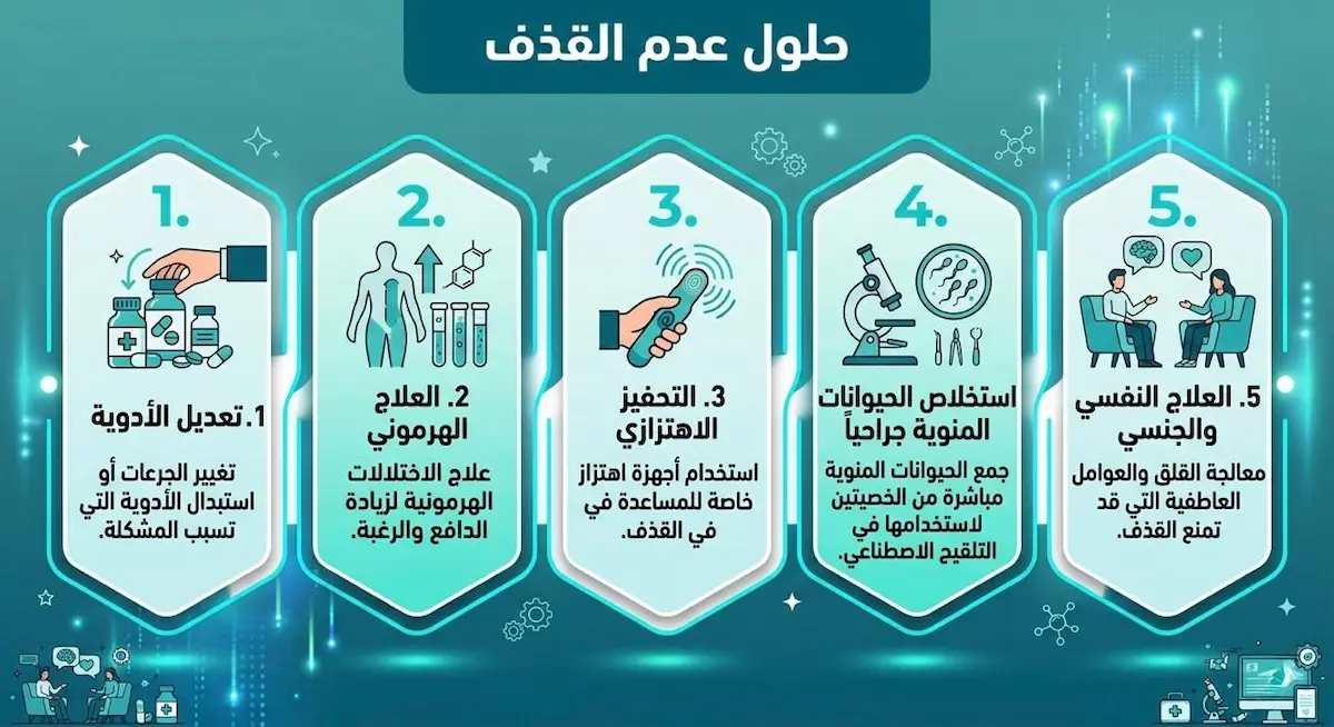 إنفوجرافيك يستعرض الطرق العلاجية والتقنيات الحديثة المستخدمة لاستعادة عملية القذف أو المساعدة في الإنجاب.