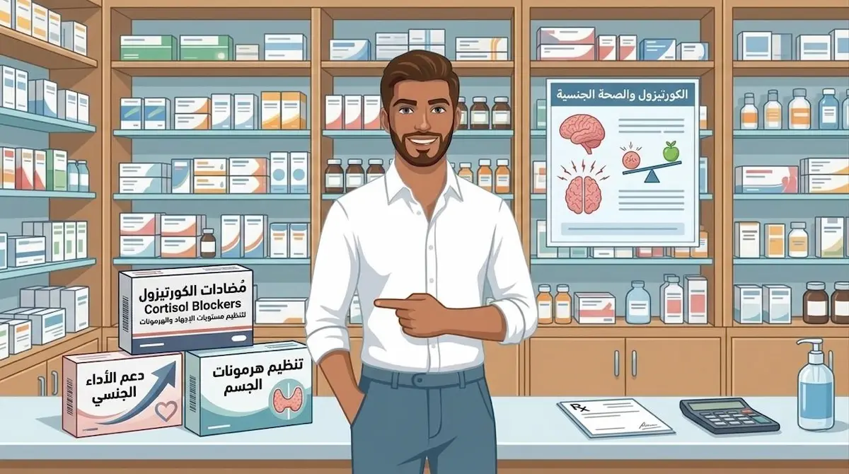 رسم توضيحي يظهر الشاب وهو يشير بثقة وسعادة إلى العلاجات والحلول الطبية المستخدمة لاستعادة التوازن الهرموني وخفض الكورتيزول.