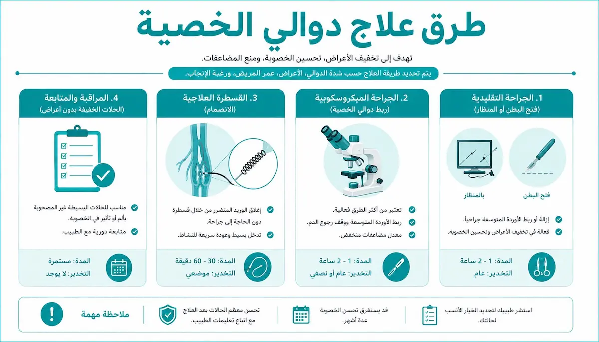 إنفوجرافيك طبي يلخص طرق علاج دوالي الخصية، من الجراحة الميكروسكوبية إلى القسطرة الوريدية وتحسين الخصوبة.
