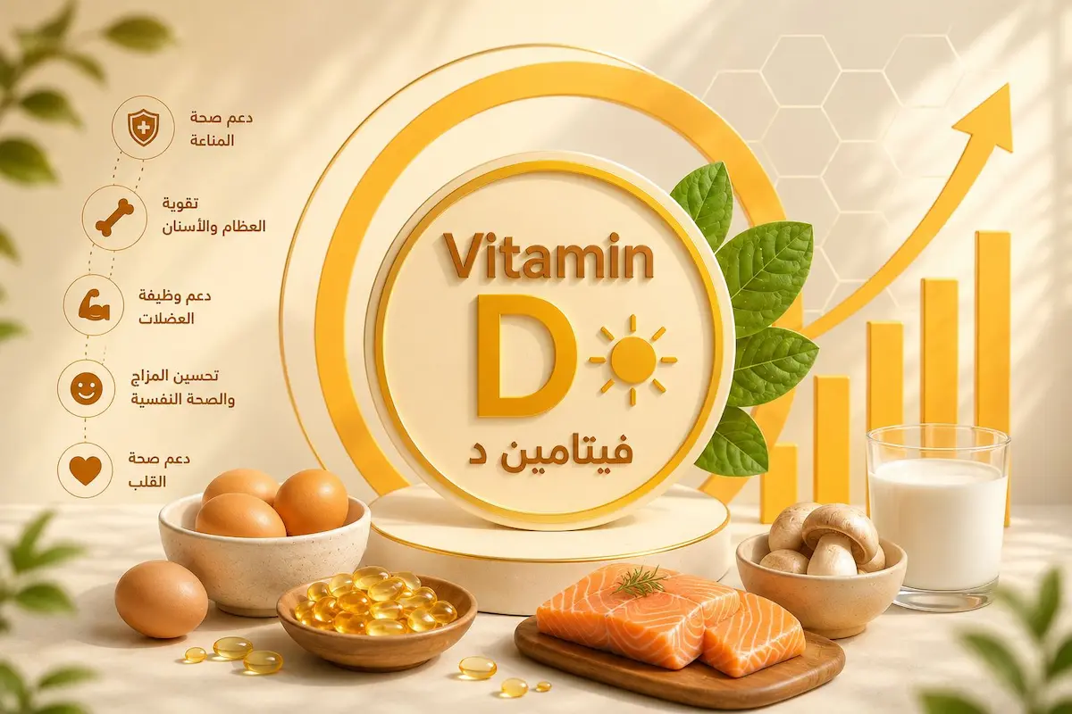 رسم توضيحي طبي يظهر رمز فيتامين د مشعاً ومحاطاً بالأطعمة الغنية به لمناقشة تأثير نقصه على مستويات التستوستيرون والانتصاب للرجال.