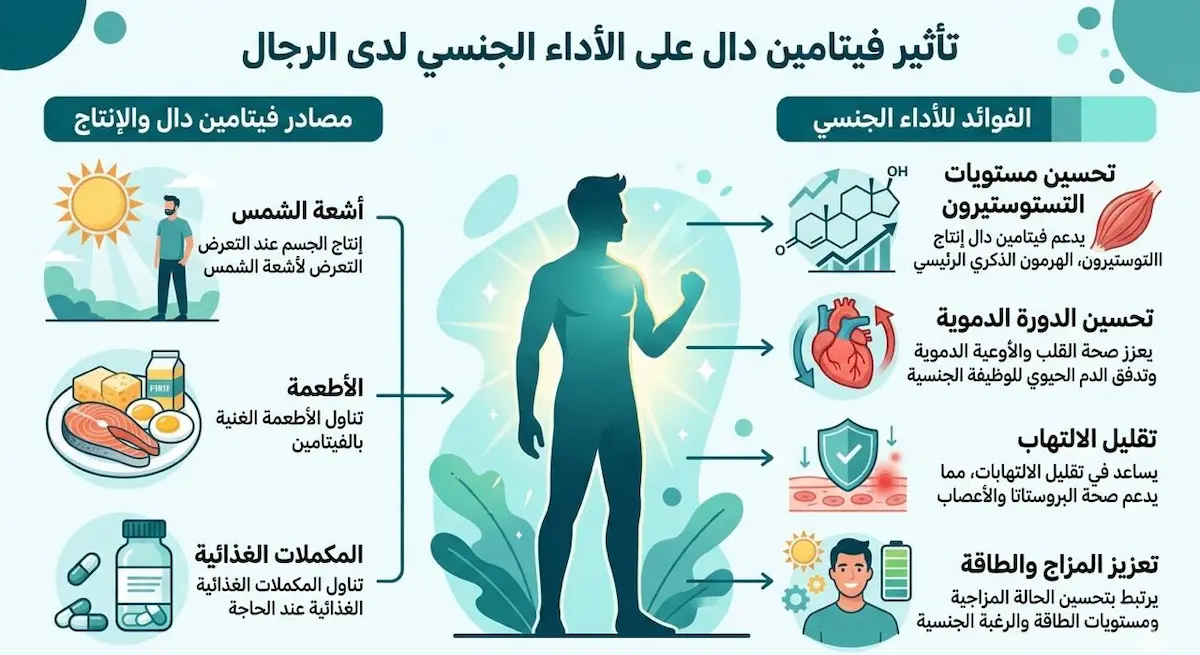 إنفوجرافيك يوضح العلاقة بين فيتامين د والأداء الجنسي حيث يوضح مشاكل ضعف الرغبة وضعف الأداء الجنسي لدى الرجال عند نقص فيتامين د.