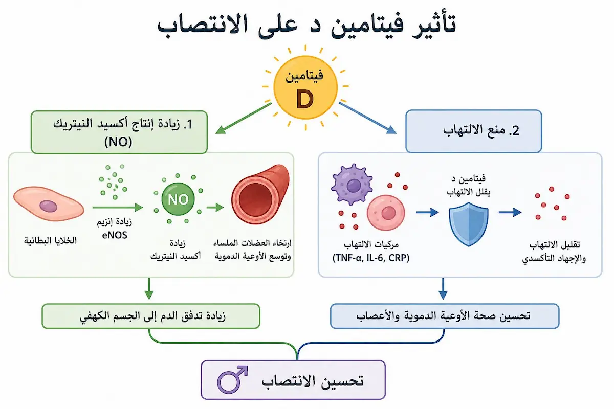 مخطط فيزيولوجي يشرح دور فيتامين د في تحسين تدفق الدم وحماية الأوعية الدموية المسؤولة عن قوة الانتصاب.