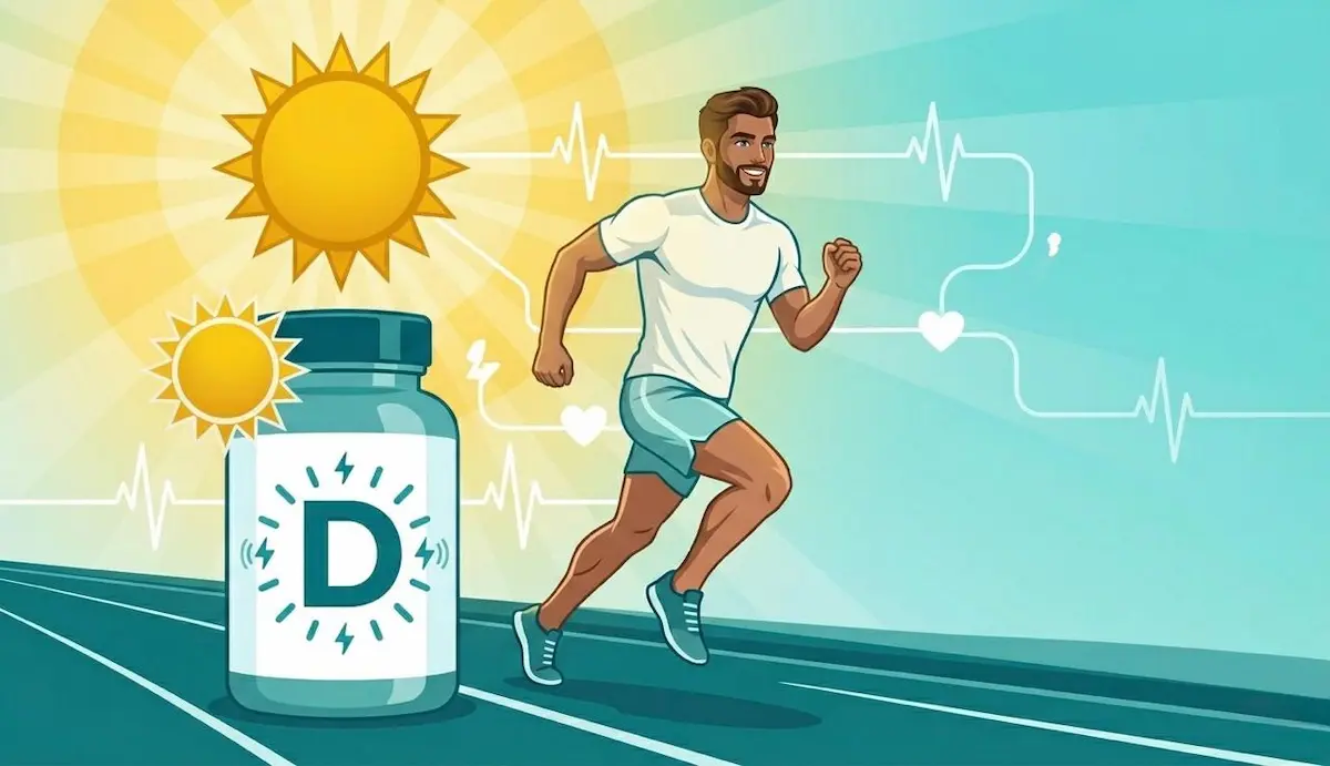 رسم توضيحي يظهر الشاب العربي وهو يمارس رياضة الجري تحت أشعة الشمس لتعزيز مستويات فيتامين د وتأثيره على الصحة الجنسية.
