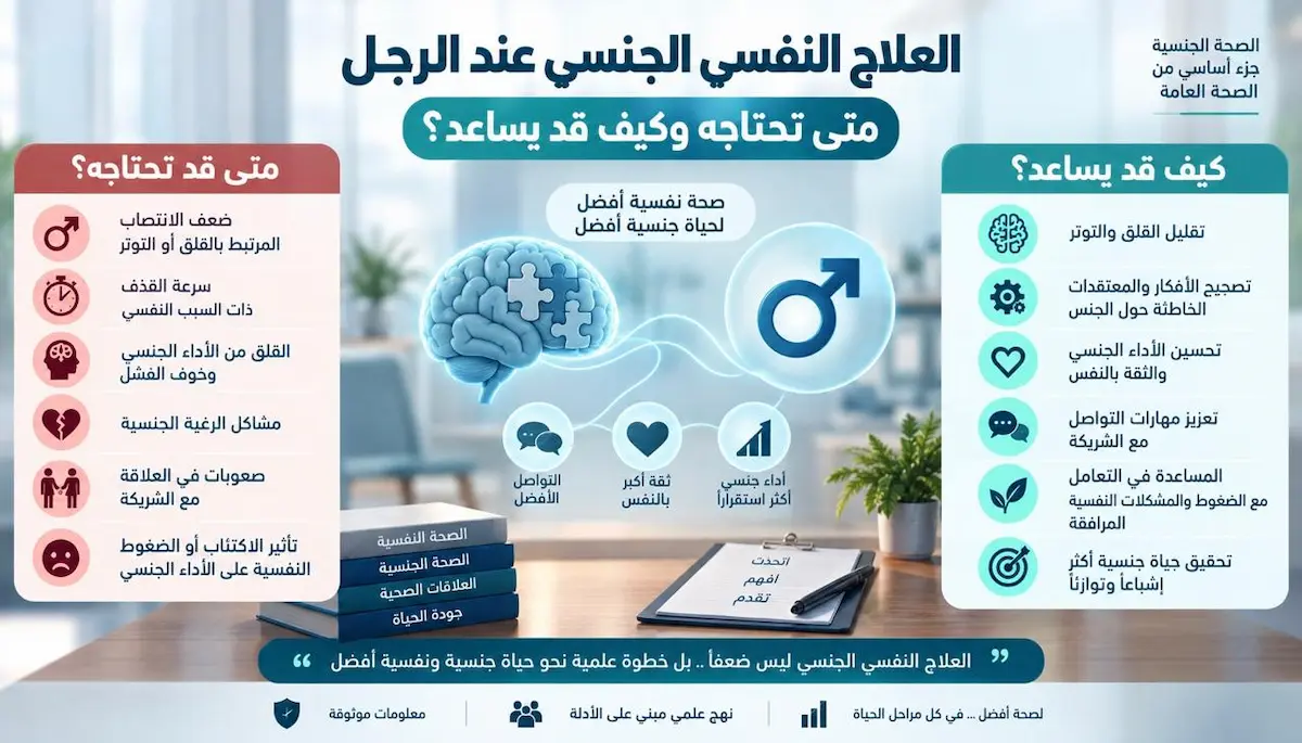 إنفوجرافيك طبي بصري يوضح دواعي اللجوء للعلاج النفسي الجنسي، ومتى يحتاجه الرجل، وكيف يساعد في تحسين الأداء والعلاقة الزوجية.