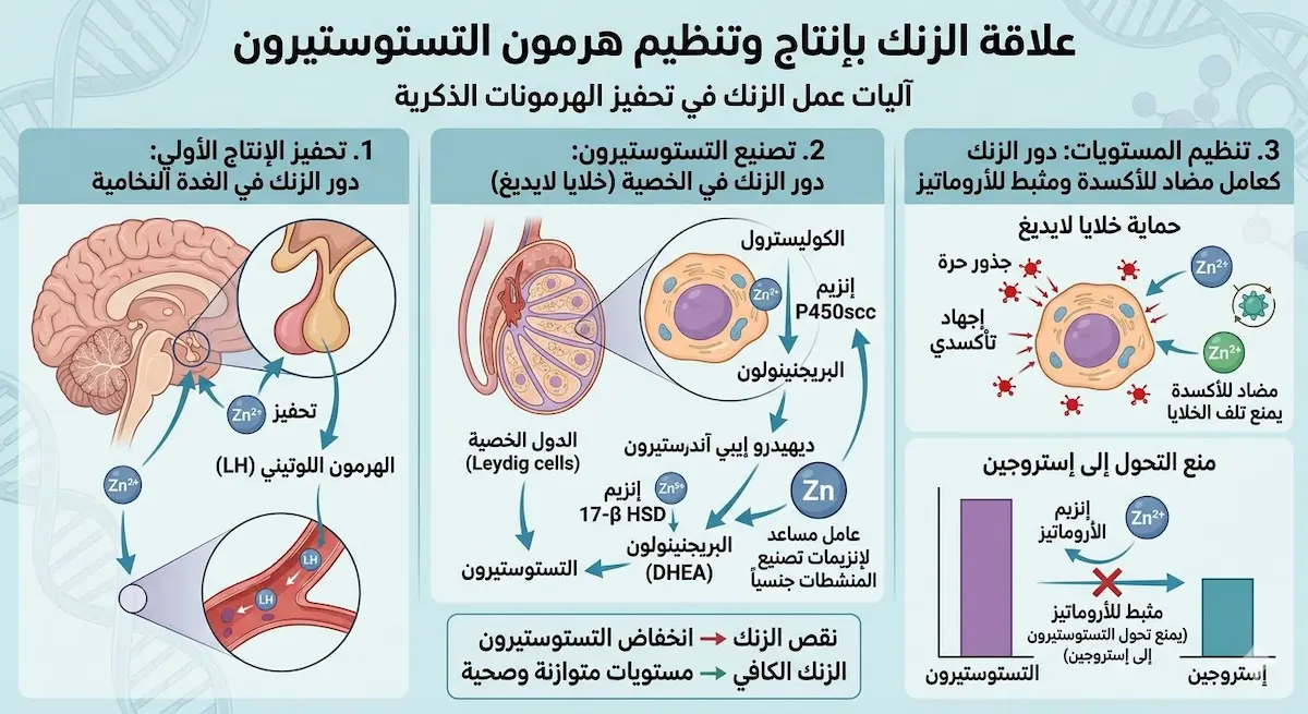 مخطط طبي يشرح العلاقة الفيزيولوجية بين مستويات الزنك وإنتاج هرمون التستوستيرون وتحسين خصوبة الرجل وبالتالي العلاقة بين الزنك والأداء الجنسي.