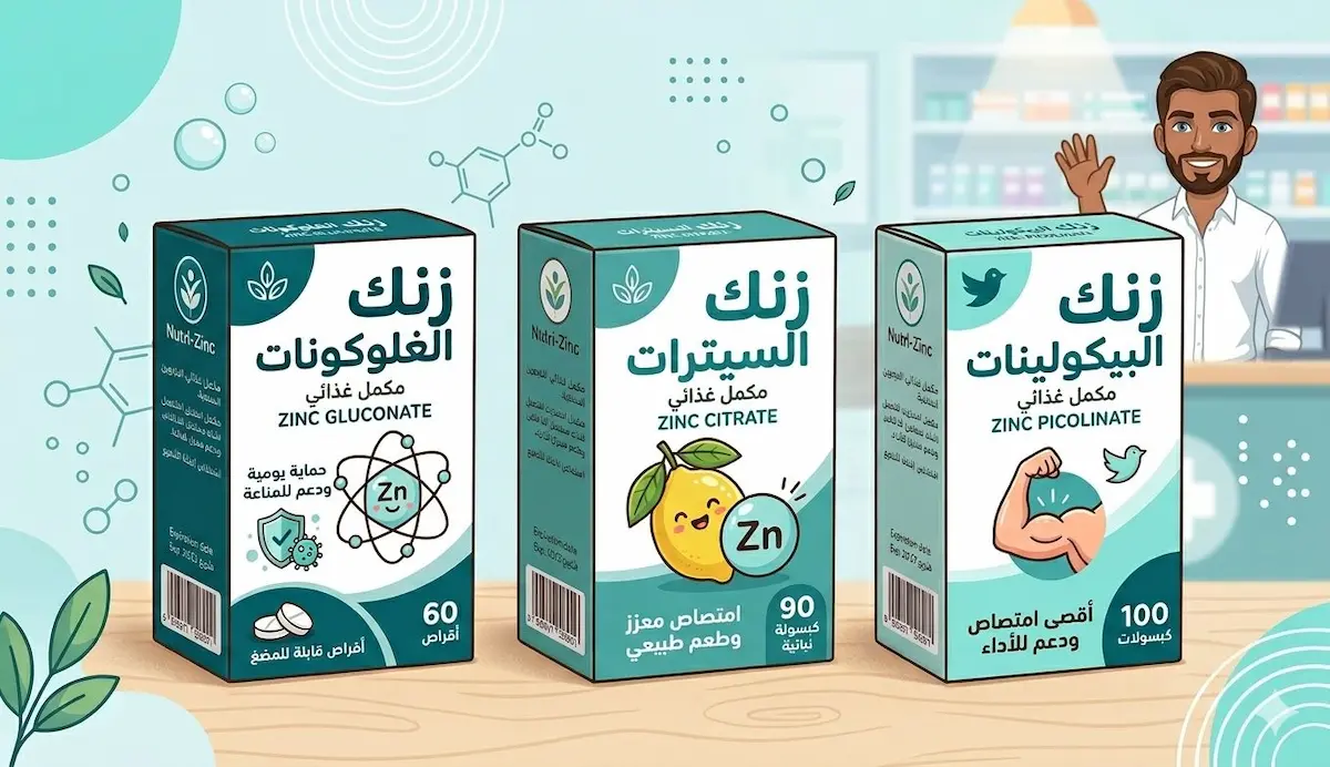 رسم توضيحي يظهر الشاب العربي مع أنواع مختلفة من مكملات الزنك، لمناقشة دورها في تعزيز الصحة الجنسية والهرمونية.