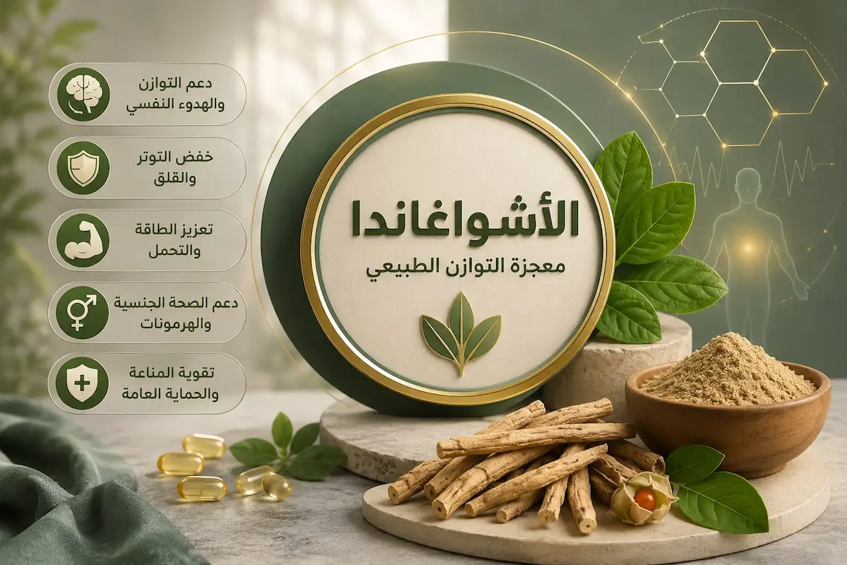 لقطة فوتوغرافية تظهر جذور عشبة الأشواغاندا الطبية وبجانبها شعار العشبة لبيان تأثيرها على التستوستيرون والانتصاب عند الرجال.
