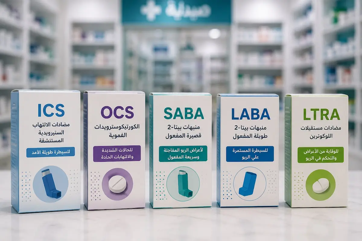 لقطة فوتوغرافية تظهر أنواع بخاخات وحبوب أدوية الربو الشائعة لمناقشة مدى تأثيرها على مستويات التستوستيرون والانتصاب عند الرجال.