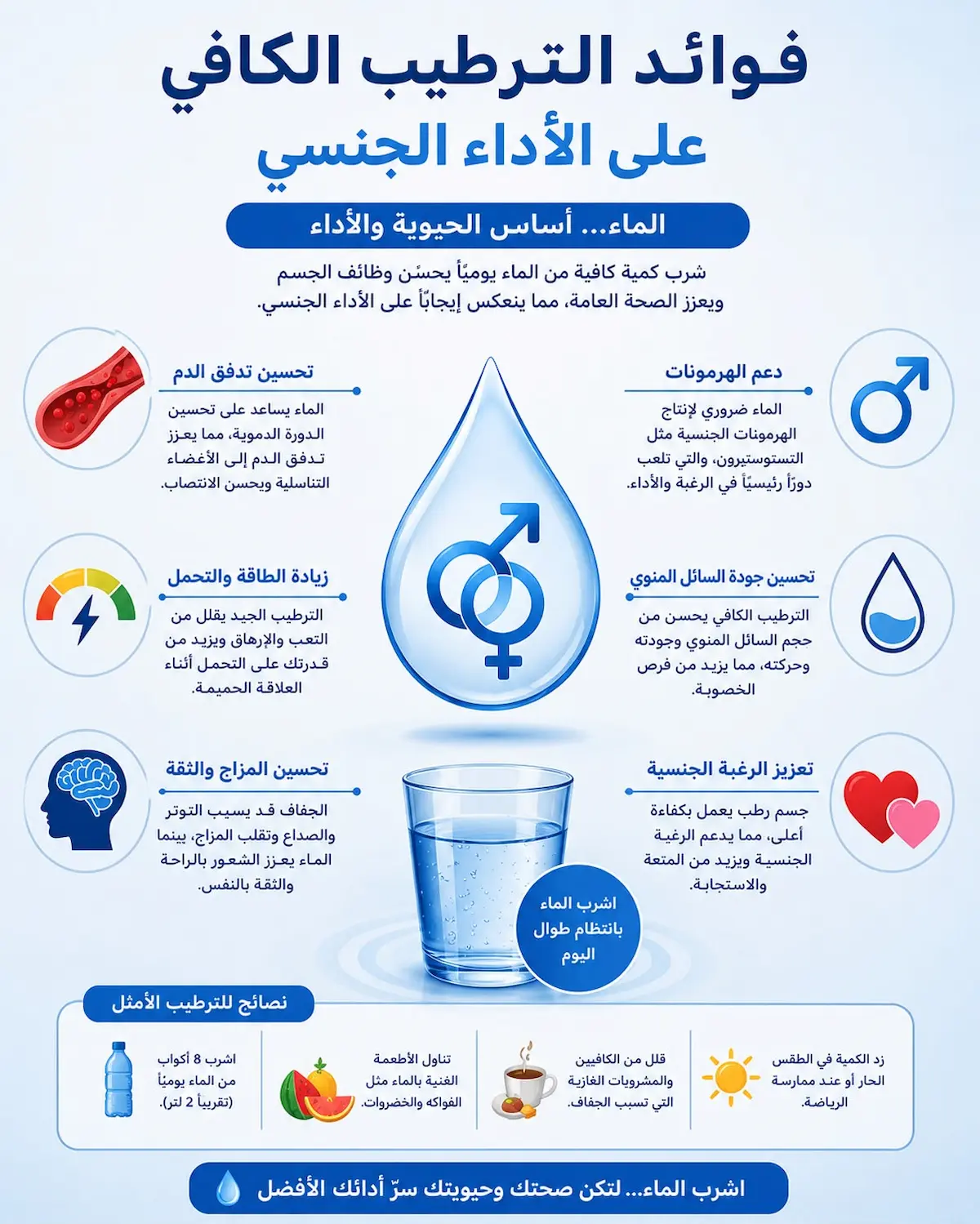 إنفوجرافيك طبي يلخص فوائد شرب الماء والترطيب الكافي في تحسين تدفق الدم، زيادة قوة الانتصاب، وتعزيز جودة السائل المنوي.