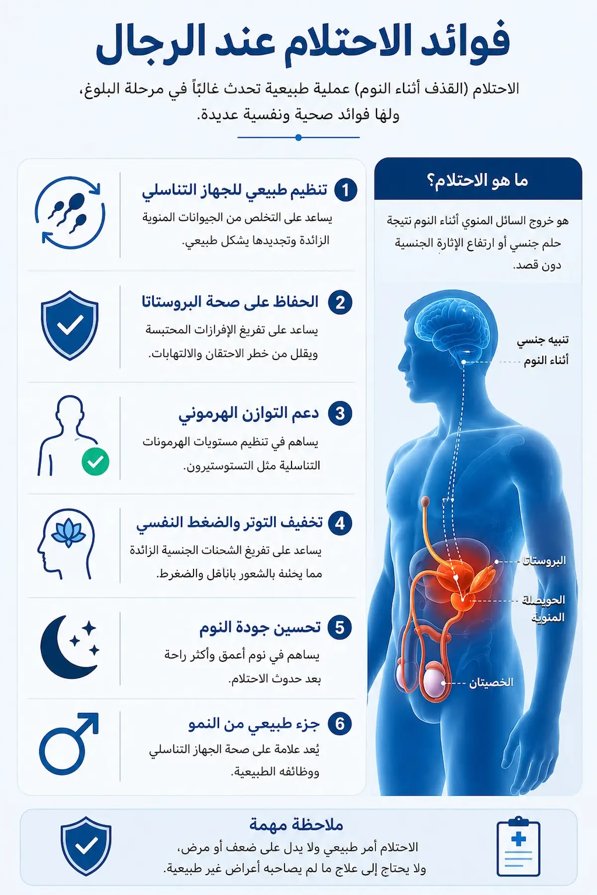 فوائد الاحتلام الصحية - أطلس الرجل الصحي. إنفوجرافيك طبي يلخص الفوائد الصحية للاحتلام، بما في ذلك تجديد الحيوانات المنوية والحفاظ على صحة البروستاتا والتوازن الهرموني.