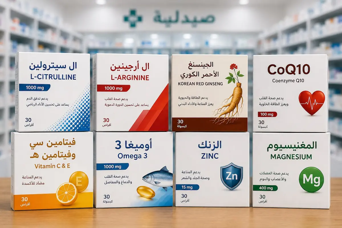 لقطة فوتوغرافية تظهر علب مكملات زيادة أكسيد النيتريك للرجال مثل السيترولين والأرجينين لتحسين تدفق الدم والانتصاب.