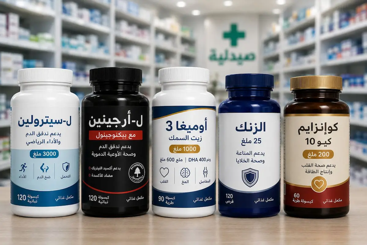رسم توضيحي طبي يظهر أبرز المكملات الغذائية والمكونات الطبيعية لدعم الانتصاب وصحة الشرايين والأوعية الدموية عند الرجال.