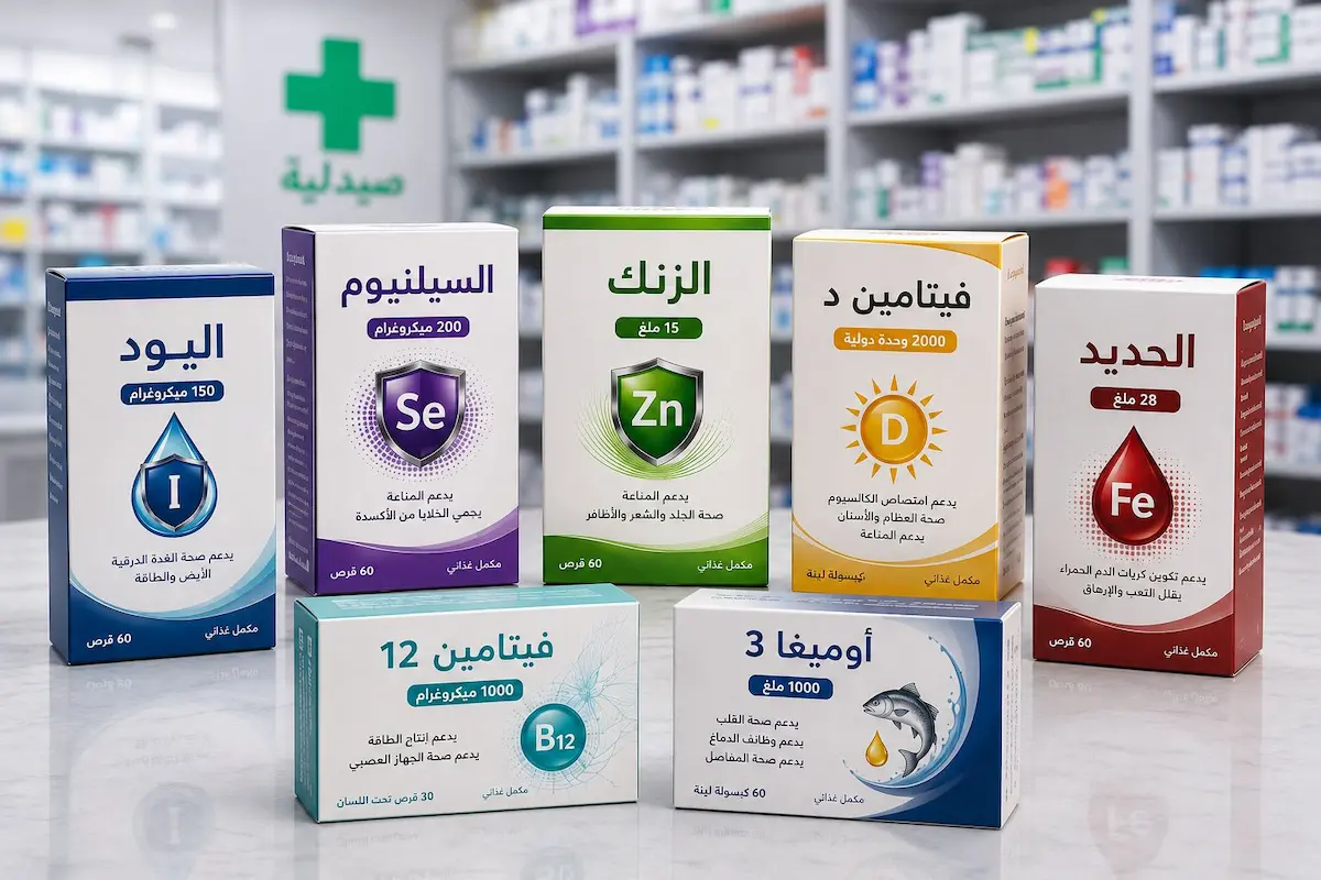 رسم توضيحي طبي يظهر علب مكملات غذائية وأقراص فيتامينات لدعم الصحة الجنسية وتحفيز الغدة الدرقية الخاملة عند الرجال.