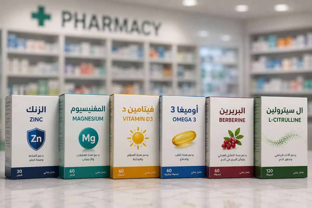 رسم توضيحي طبي يظهر علب مكملات غذائية وأقراص فيتامينات لدعم الصحة الجنسية وتحرير هرمون التستوستيرون لمرضى السمنة من الرجال.