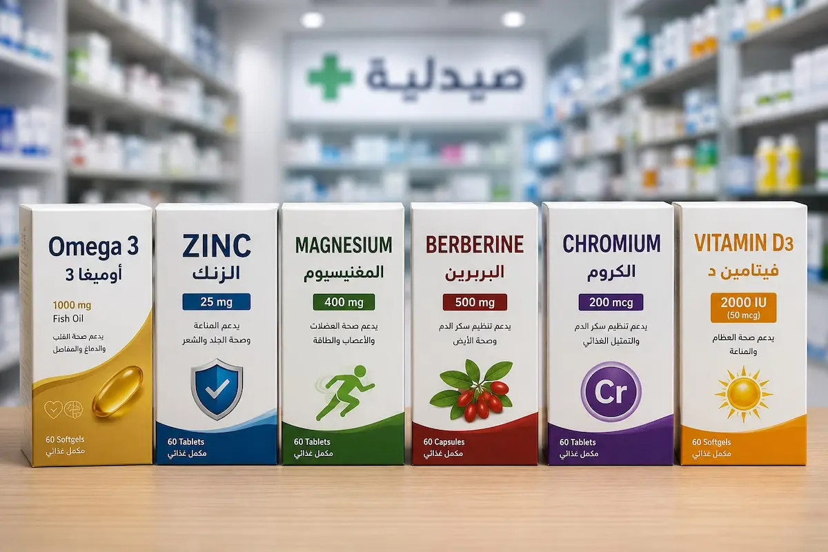 رسم توضيحي يظهر علبًا لأبرز المكملات الغذائية والفيتامينات المستخدمة لدعم مستويات التستوستيرون وتحسين حساسية الإنسولين لدى الرجال.