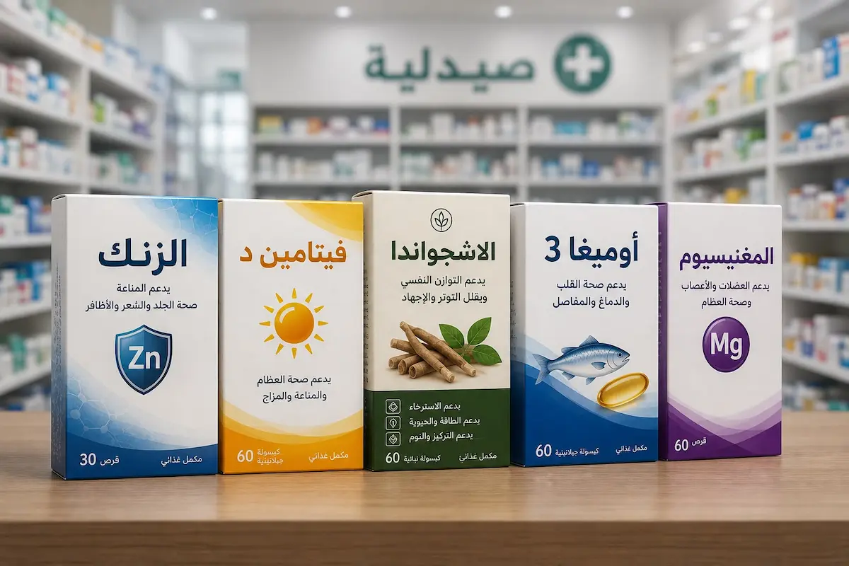 رسم توضيحي يظهر علبًا لأبرز المكملات الغذائية والفيتامينات المستخدمة لدعم مستويات التستوستيرون وزيادة الحيوية خلال سن اليأس عند الرجال.