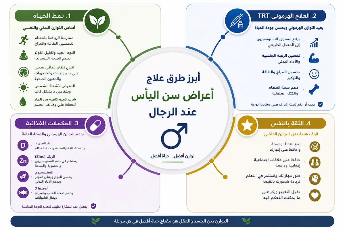إنفوجرافيك طبي يلخص أبرز خيارات علاج سن اليأس عند الرجال، من العلاجات الهرمونية إلى التغييرات السلوكية والرياضية.