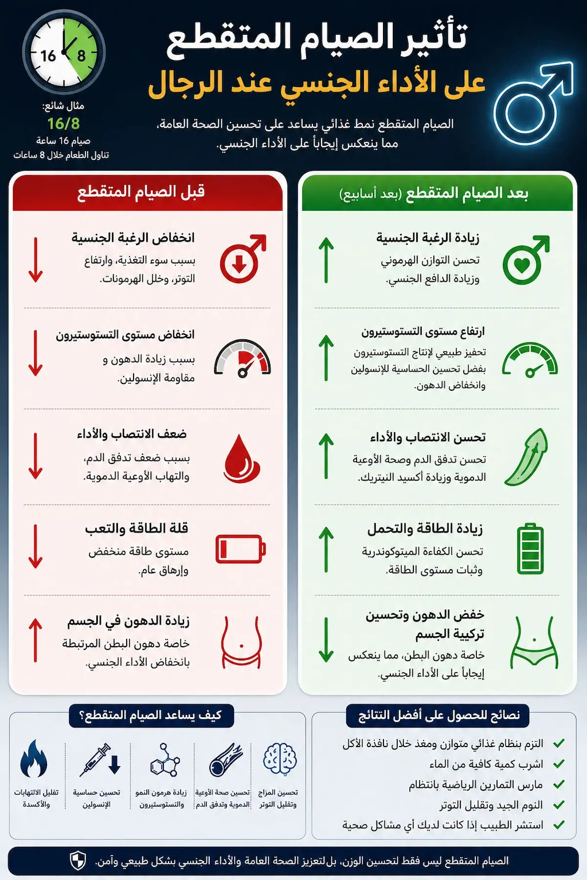 إنفوجرافيك طبي يشرح آلية تأثير الصيام المتقطع في رفع هرمون النمو والتستوستيرون الحر وتحسين انتصاب الأوعية الدموية للرجال.