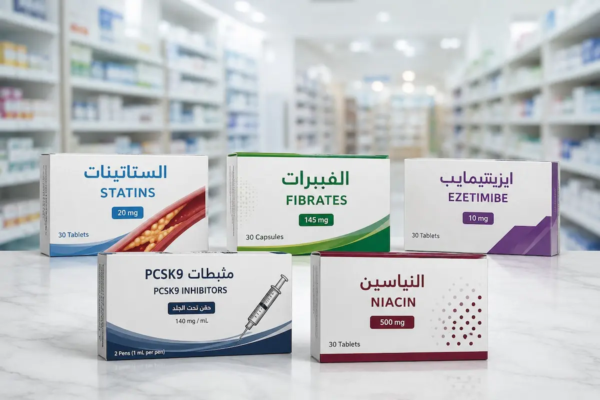 رسم توضيحي طبي يظهر علب أدوية الكوليسترول والستاتينات لمناقشة حقيقة تأثيرها على الرغبة والانتصاب والأداء الجنسي عند الرجال.