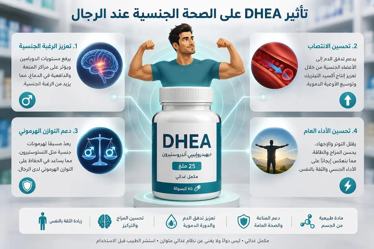 إنفوجرافيك طبي يوضح تأثير حبوب ومكملات DHEA على رفع التستوستيرون وتحسين الانتصاب والرغبة للرجال الذين يعانون من نقص الهرمون.