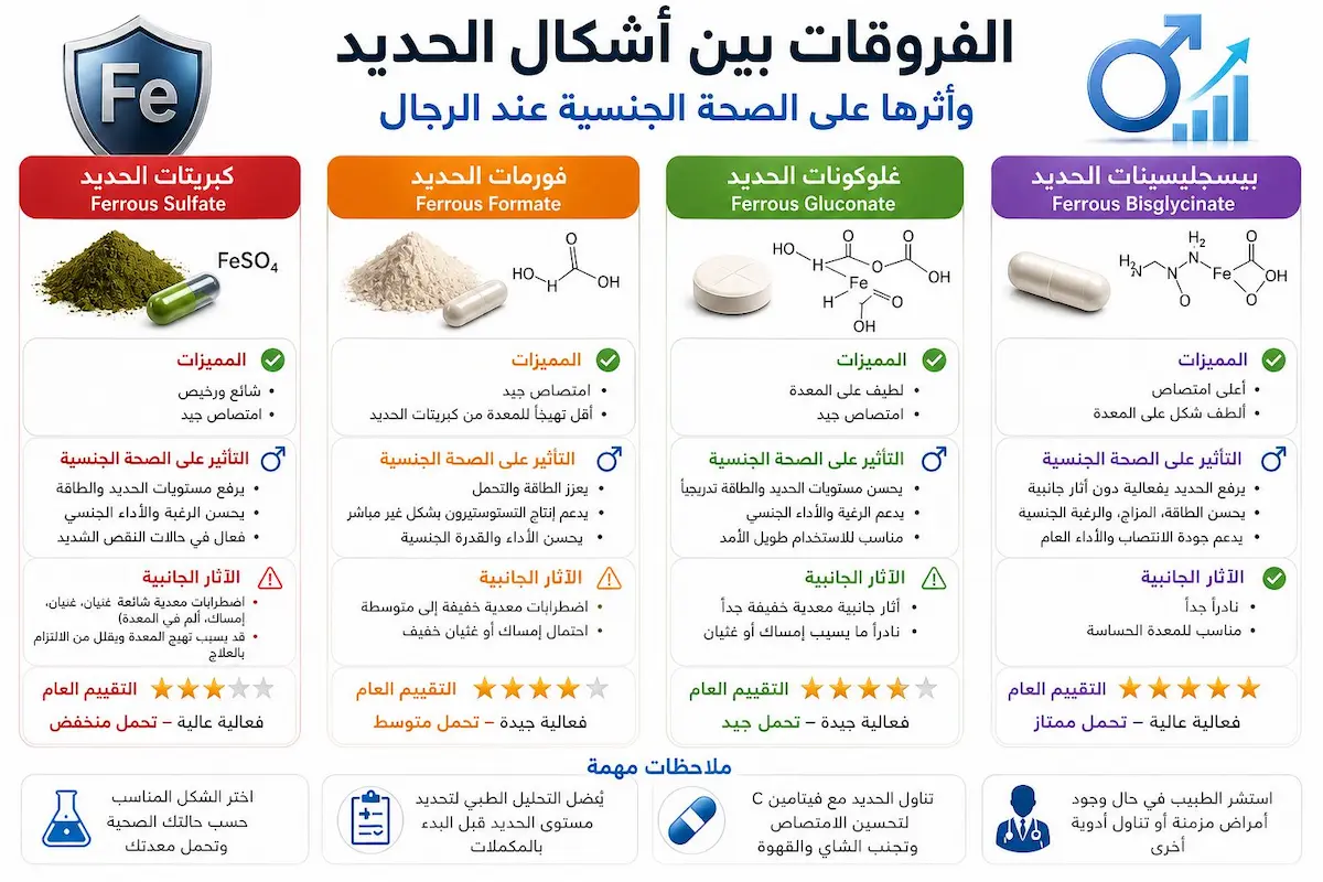  إنفوجرافيك طبي يشرح الفروقات بين أشكال الحديد وتأثيرها على علاج فقر الدم وضعف الانتصاب عند الرجال.