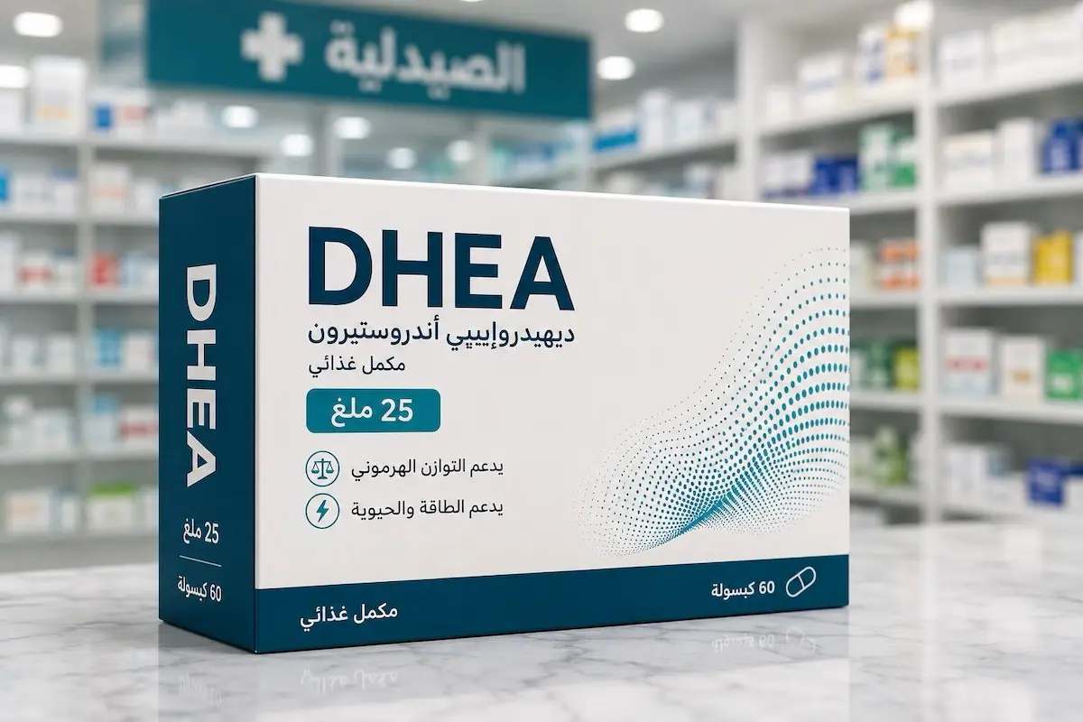 لقطة فوتوغرافية تظهر علبة مكملات DHEA الغذائية للرجال وكبسولات تستخدم لرفع التستوستيرون وعلاج نقص هرمون الذكورة الكظري.