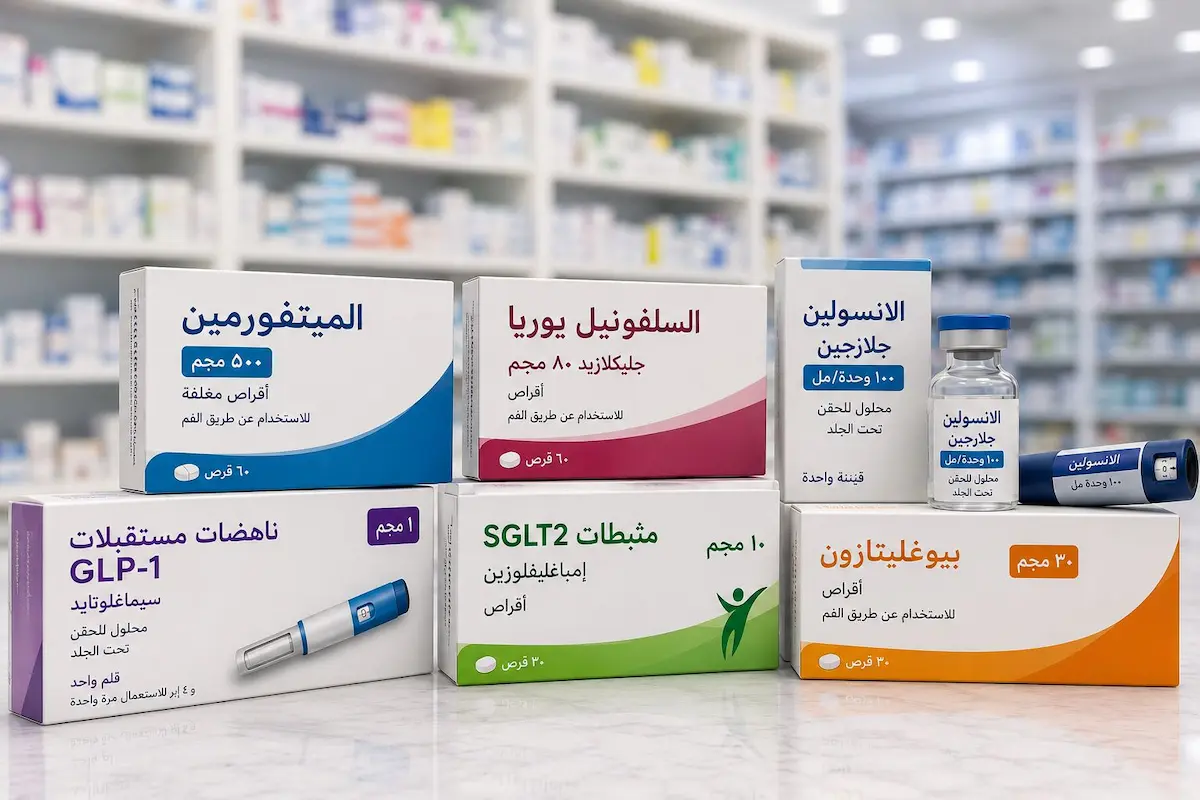رسم توضيحي طبي يظهر علب أدوية السكري وأقلام الإنسولين لمناقشة تأثيرها على الرغبة والانتصاب والقذف عند الرجال.