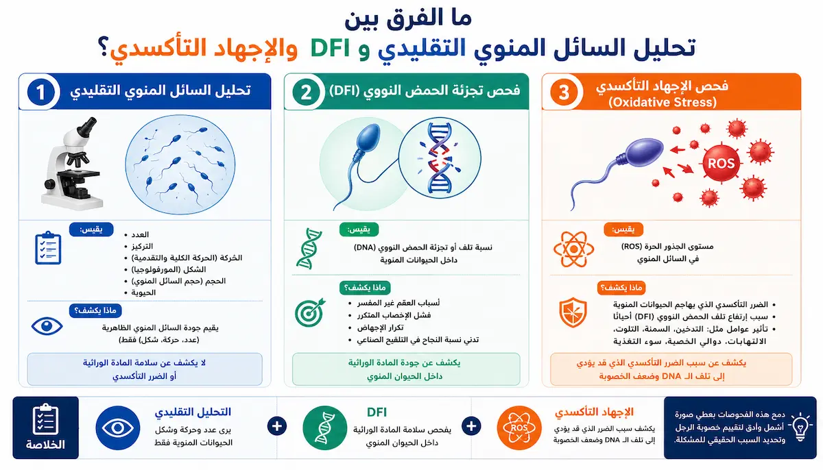 إنفوجرافيك طبي ثلاثي يقارن بين تحليل السائل المنوي التقليدي، وفحص تكسر المادة الوراثية DFI، وفحص الإجهاد التأكسدي للرجال.