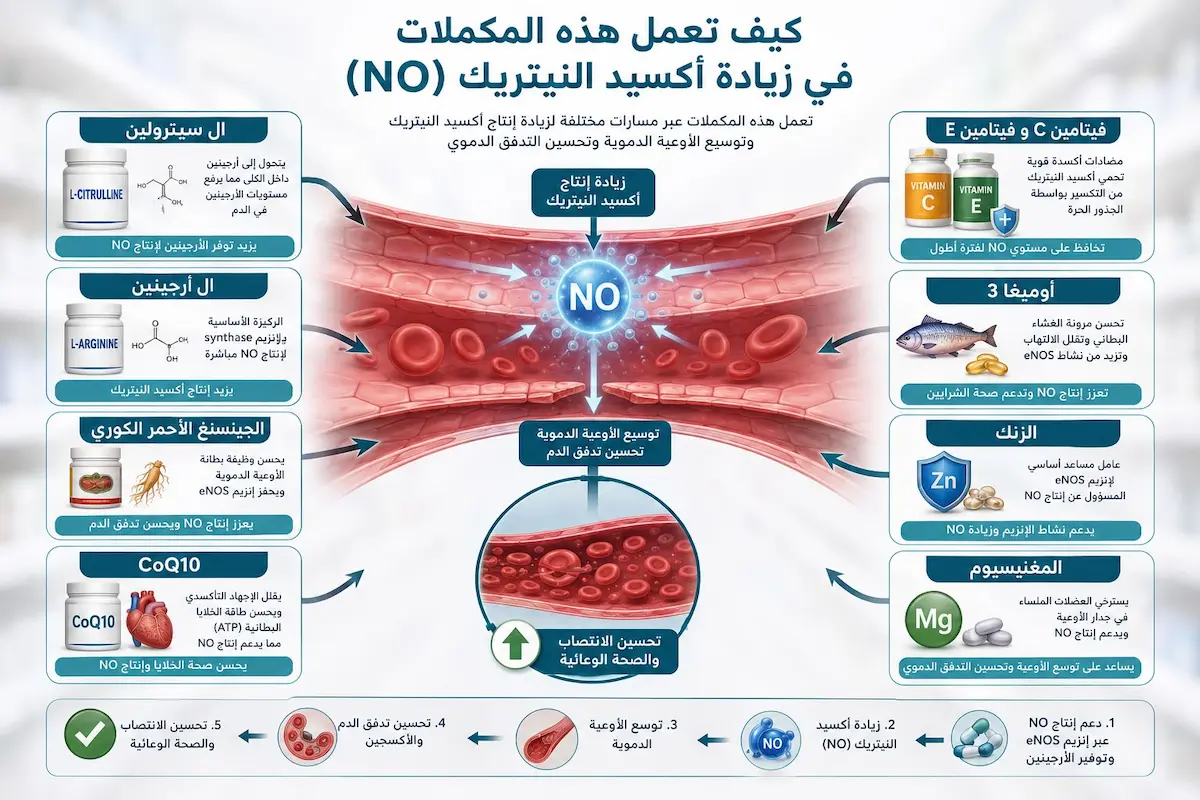 جدول إنفوجرافيك طبي يقارن بين تأثير مكملات الـ إل-سيترولين والـ إل-أرجينين ومستخلص الشمندر على زيادة أكسيد النيتريك وتحسين كفاءة الرجل.