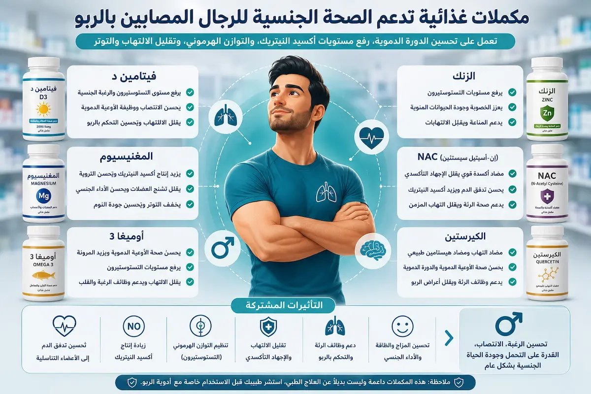 إنفوجرافيك طبي يفصل تأثير مكملات المغنيسيوم، أوميغا 3، وفيتامين د على تحسين التنفس ورفع التستوستيرون والانتصاب للرجال المصابين بالربو.