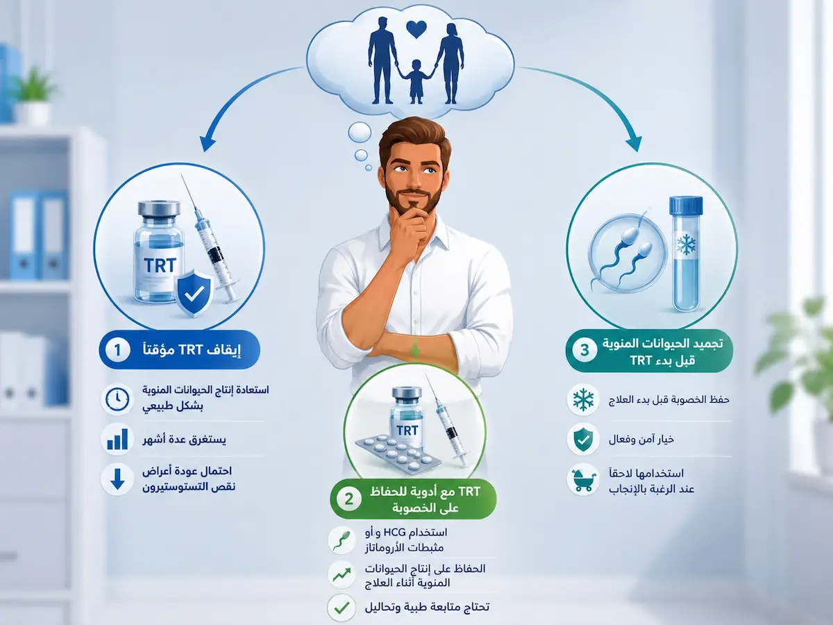 حلول الإنجاب مع TRT - أطلس الرجل الصحي. إنفوجرافيك طبي يلخص أبرز خيارات وحلول الإنجاب المتاحة للرجال مستخدمي علاج التستوستيرون (TRT)، مثل حقن hCG وتجميد النطاف.