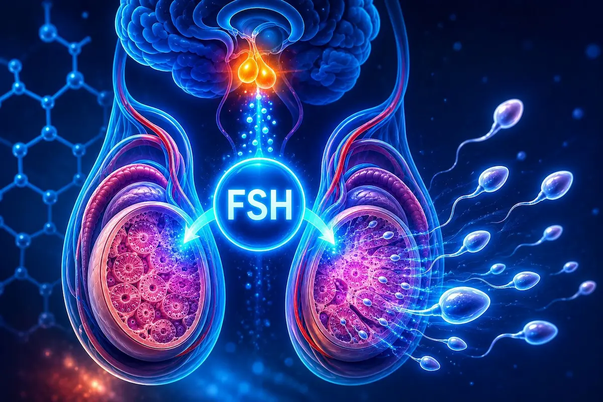 رسم توضيحي طبي تشريحي يوضح مسار هرمون FSH من الغدة النخامية في الدماغ إلى الخصيتين لتحفيز إنتاج الحيوانات المنوية عند الرجال.